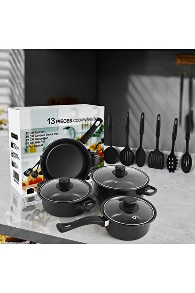 EMATTEIRO 13 Piece Set of Non-Stick Cookware, Pots, Pans, Glass Lids and Kitc...