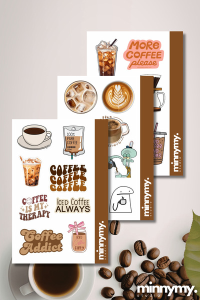 Minnymy 3'lü Coffee Collection Vintage Sticker, Çıkartma, Ajanda, Günlük, Pla...
