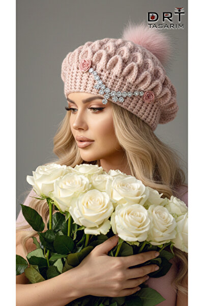 drt tasarım Pink French Painter Beret with Shiny Stone Brooch and Pompom
