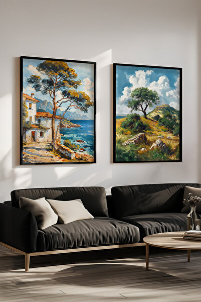 STARYUNA Black Wooden Framed Sea and Rural Landscape Double Painting Set Yuna560