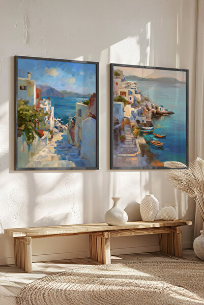 STARYUNA Black Wooden Framed Double Painting Set with View of the Mediterrane...