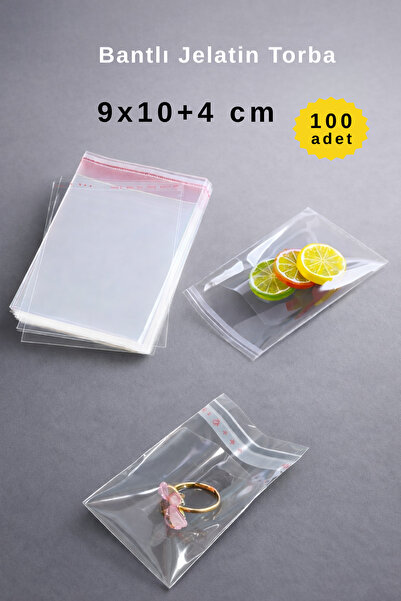 COLORPAK 9x10+4 cm Bantlı Şeffaf Jelatin Torba - 100 Adet - Dayanıklı Yırtılm...