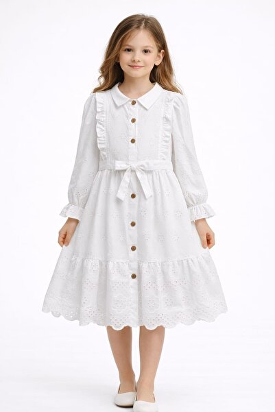 Tarz Çocuk Kız Çocuk Beyaz Fisto İşlemeli Uzun Kollu Kuşaklı Elbise – Düğmeli...