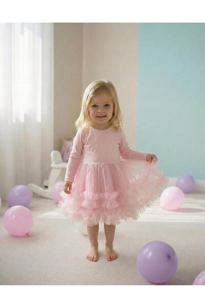 penu baby kids Pink Skirt Hemline 2 Layers Ruffle Detailed Long Sleeve Girls'...