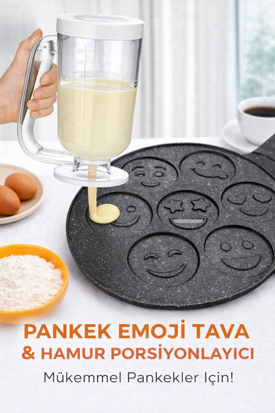 ROYALGROSS Döküm Emoji Pankek Tavası ve Beyaz Hamur Porsiyonlayıcı Seti – Şek...