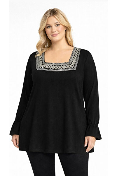 HÜLYA BUTİK Women's Plus Size Black Collar Embroidered Square Collar Long Sle...