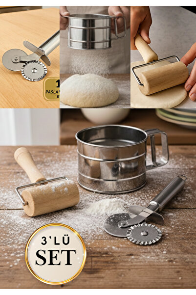 BRE HOME 3'lü Set Paslanmaz Çelik Hamur Kesici + Un Eleği + Ahşap Merdane Kes...