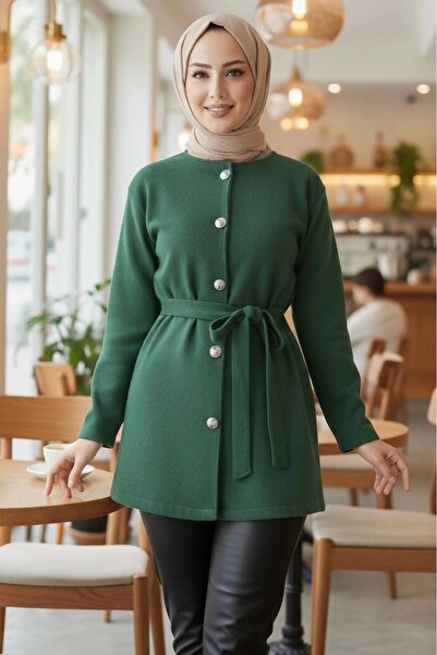DAS KLEID Tied Buttoned Short Cashmere Coat Zumrut