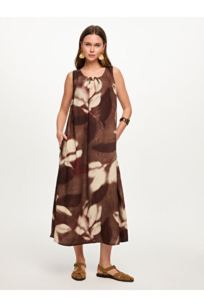 Faik Sönmez Soyut Çiçek Desen Kolsuz Viskon Keten Elbise S26ELB037