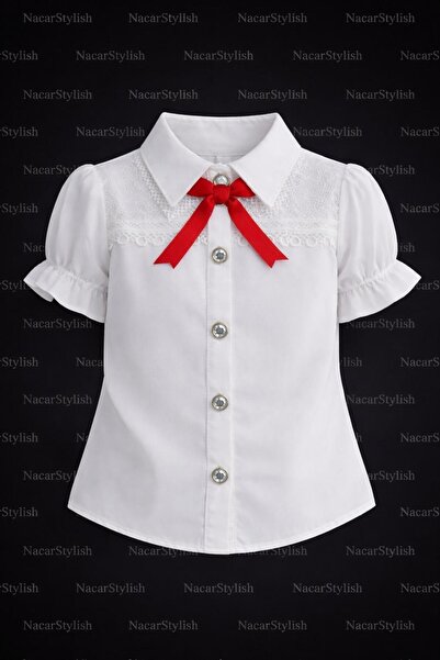 Nacar 23 Nisan 29 Ekim Gösteri Kıyafeti Kız Çocuk Yaka Dantel Detaylı Gömlek
