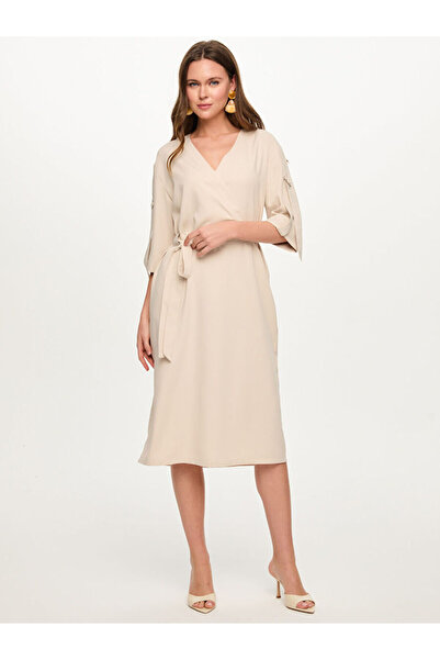 Faik Sönmez Kruvaze Görünümlü Kısa Kol Kendinden Dokulu Elbise S26ELB036