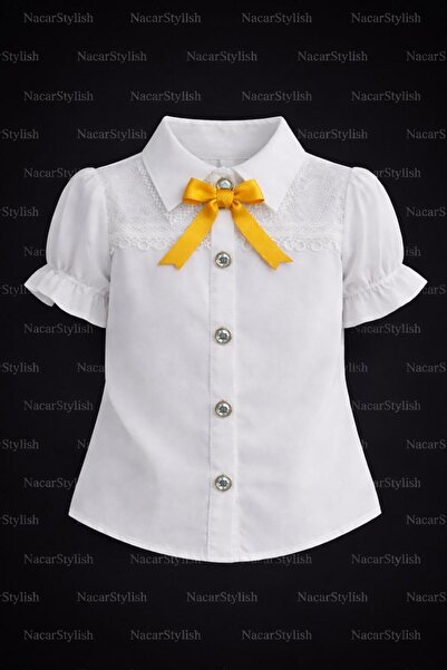 Nacar 23 Nisan 29 Ekim Gösteri Kıyafeti Kız Çocuk Yaka Dantel Detaylı Gömlek