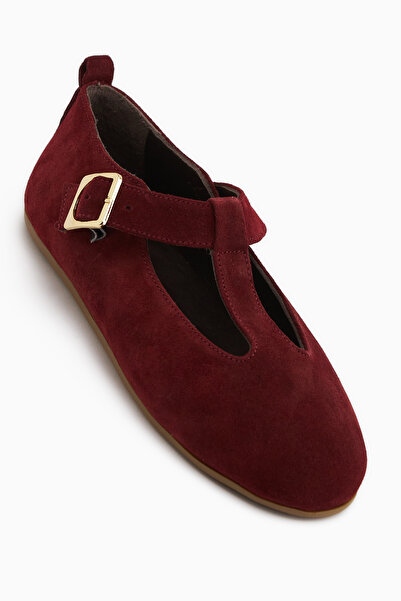 Limoya Danni Genuine Leather Burgundy Suede Belted Women's Ballerinas