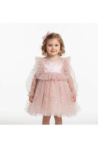 penu baby kids Powder Pink Long Tulle Sleeves Star Patterned Ruffled Sleeves ...