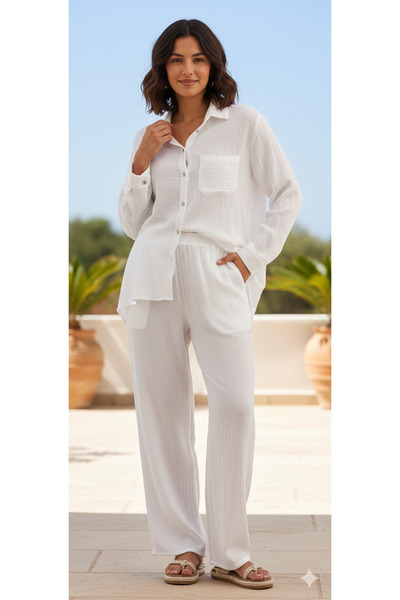 Boi Women's White Black and Pink Oversize Basic Muslin Shirt and Pants Set