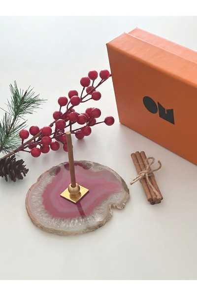 OM Rituals %100 Doğal Gerçek Pembe Akik Taşı Pirinç Tütsülük