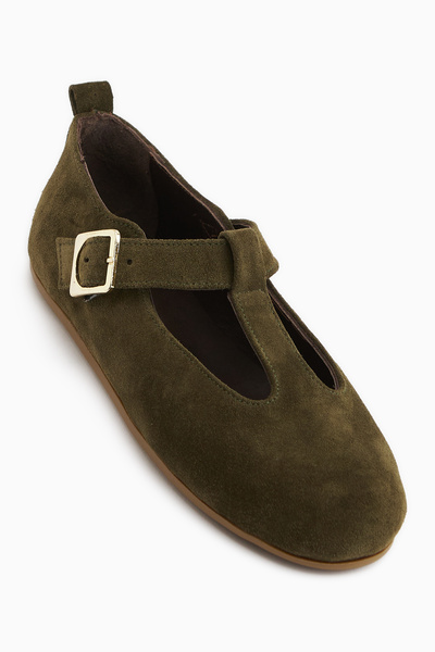Limoya Danni Genuine Leather Green Suede Women's Ballerinas with Belt