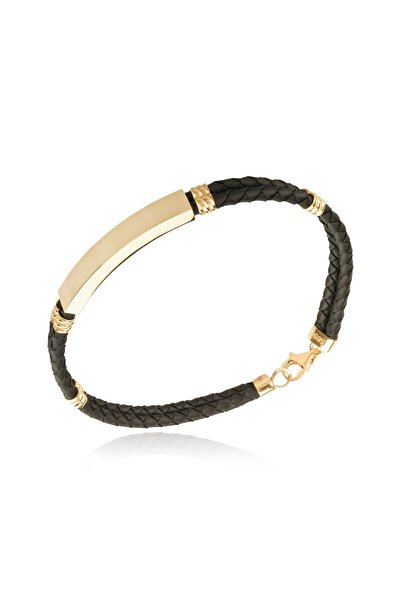 BERK MÜCEVHERAT 14 Ayar Altın Siyah Deri Erkek Bileklik