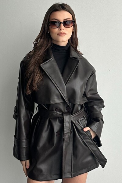 moda armanc Women's Double-Breasted Leather Jacket - New Season Belted Button...