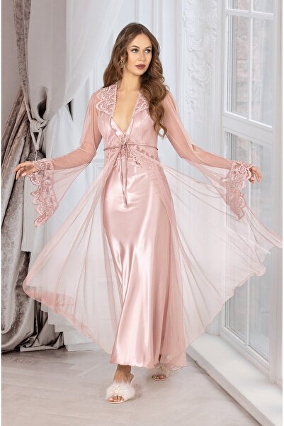 For Dreams 4977 Saten Uzun Pudra Gecelik ve Sabahlık Takımı Dantel Detaylı 2l...