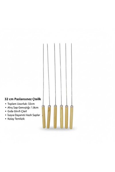 Lider MAGNESİA 6LI METAL AHŞAP SAPLI YUVARLAK MANGAL ŞİŞ 32 CM