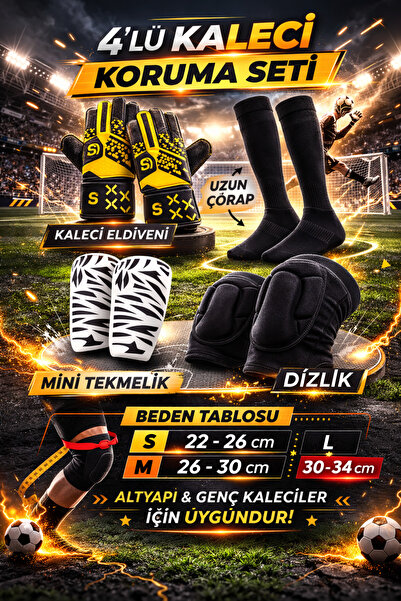 Tayzon 4’lü Kaleci Seti Kaleci Eldiveni Uzun Çorap Mini Tekmelik Darbe Emici ...