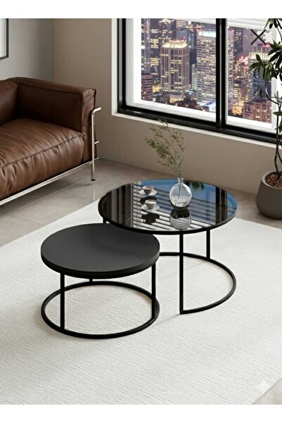 İMS ZİGON DÜNYASI Prime 2'li Orta Sehpa Siyah Cam- Siyah Sunta 60x75 cm