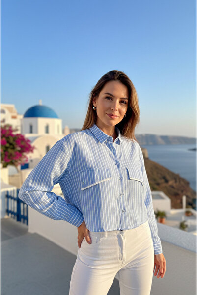 YusGos Women's Striped Cotton Linen Crop Shirt with Cuff Pockets and Collar Trim