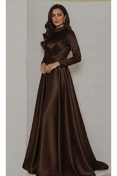 makbuleofficial Drape Detaylı Saten Kumaştan Tesettür Abiye