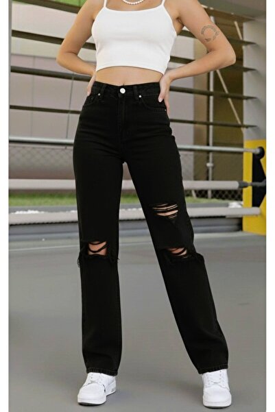 BİENAL BUTİK Reyna Women's High Waist Black Ripped Wide Leg Jeans Lycra Denim...