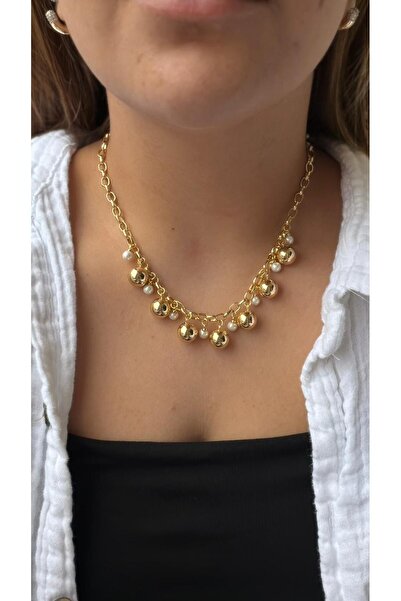 Cadera Jewelry Gold Top and Pearl Detailed Dangle Chain Necklace