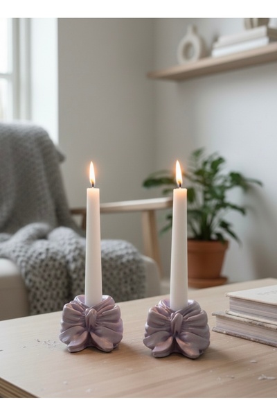 Handmade 2’li Lila Fiyonk Şamdan Mumluk - İnci Tozu Işıltılı Hediyelik Dekora...