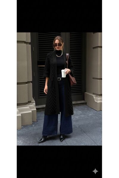 yardıtekstil Tricot Knitted Pocketed Patterned Long Cardigan