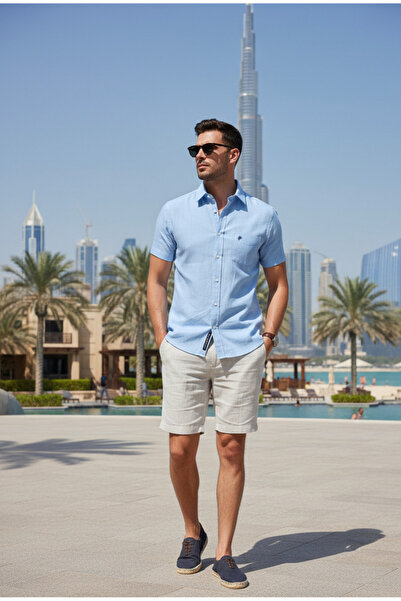 YusGos Men's Modern Fit Premium Cotton Short Sleeve Single Pocket Linen Shirt