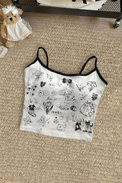 İlayda Toprak Grafitti Hello Kitty Baskılı Siyah Askılı Beyaz Baskılı Crop