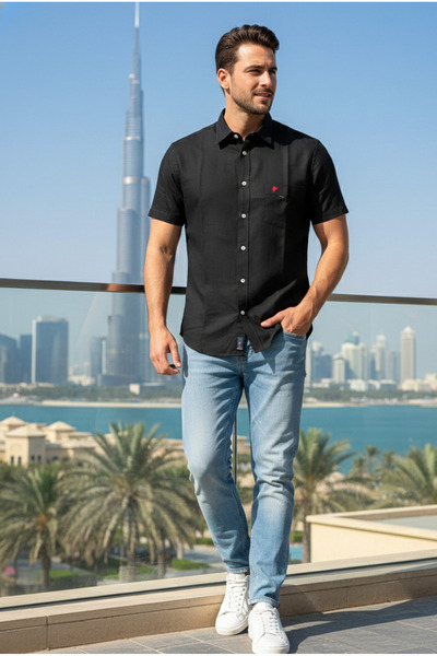 YusGos Men's Modern Fit Premium Cotton Short Sleeve Single Pocket Linen Shirt