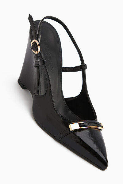 Limoya Phia Black Buckle Wedge Heeled Women's Sandals