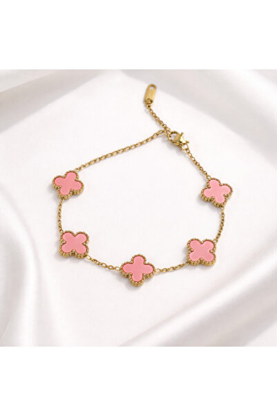OEM Women's Gold Bracelet with 5 Pink Clover Symbols – Elegant Fine Chain, Lu...