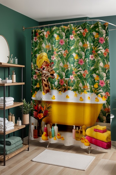 EVPANYA Perdeau de baie, Perdeau de duș cu model girafă veselă, Perdeau pentr...