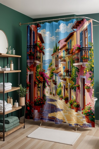 EVPANYA Bathroom Curtain, Floral Terraces Patterned Shower Curtain, Bathtub C...