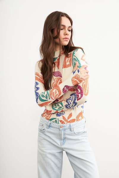 Yefrastore Women's Colorful Cutout Branch Patterned Body Suit with Finger Detail