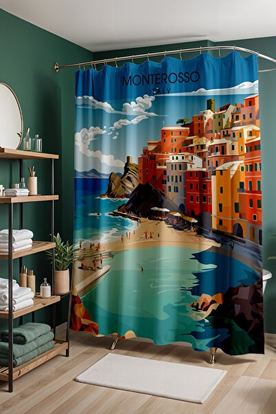 EVPANYA Perdeau de baie, perdea de duș cu model Coasăturile Turcoazului, perd...