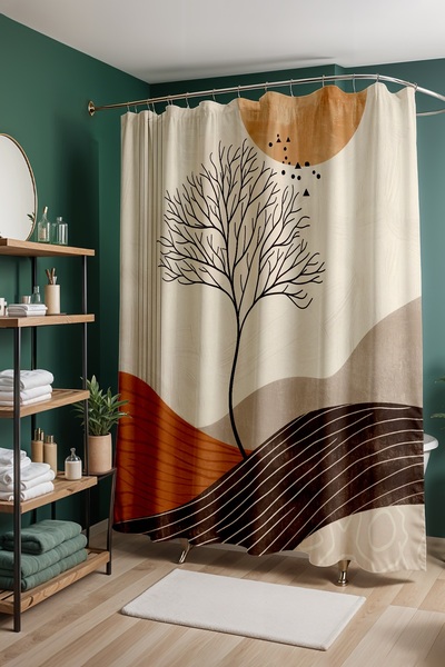 EVPANYA Perdeau de baie, perdea de duș cu model de pădure liniștită, perdea p...