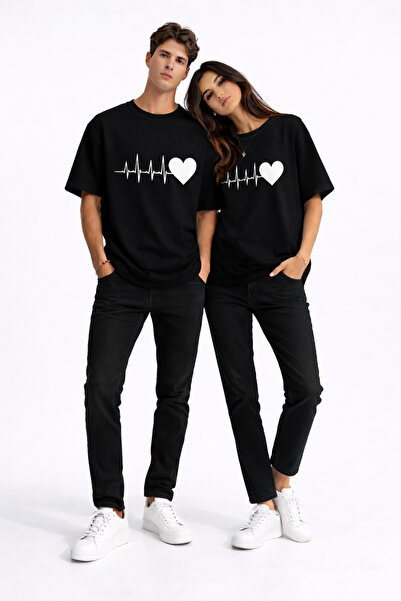 Ciel Lune Lover Combination Heart Rhythm Printed Couple T-Shirt Oversize Unis...