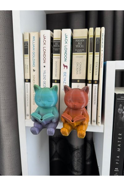 TODEKORA Reading Cat Bookshelf Accessory Set of 2 with Support Apparatus - Decorative Double Object