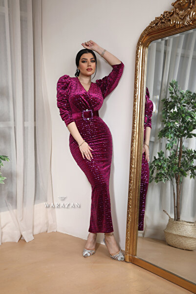 Warazan Velvet dress with a sheen, fitted sleeves.