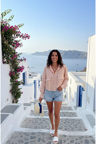 YusGos Women's Striped Cotton Linen Crop Shirt with Cuff Pockets and Collar Trim