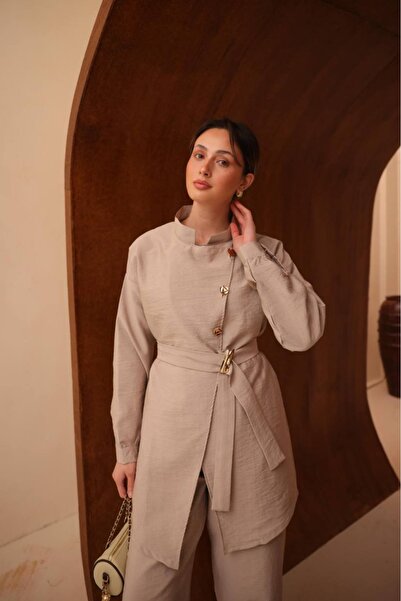 Safgiyim44 Gold Buttoned Belted Double Suit Stone