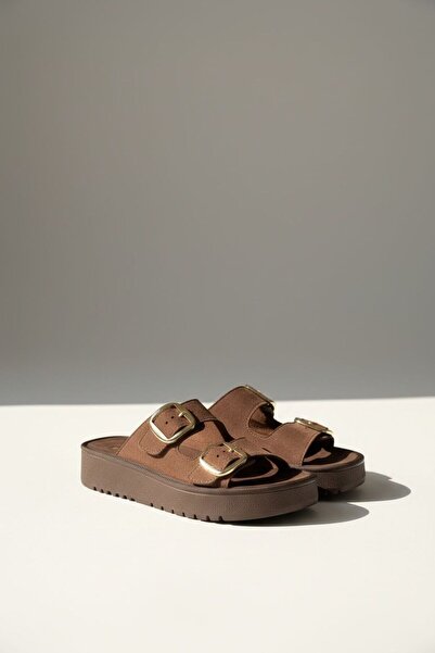 marceline Kadın Kahve Deri Görünümlü Süet Çift Tokalı Yüksek Taban Terlik Rah...