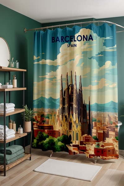 EVPANYA Perdeau de baie, Perdeau de duș cu model Soarele din Barcelona, Perde...